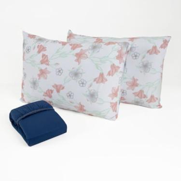 Imagem de Jogo de Cama Queen 3 Peças Malha 100% Algodão Lençol com Elástico Fronhas Estampadas Toque Macio(Romance marinho)