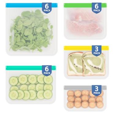 Imagem de Pacote com 24 sacos reutilizáveis de armazenamento de alimentos PEVA sacos para congelador, sacos Ziplock à prova de vazamento para preparação de refeições, viagens, sacos de sanduíche reutilizáveis