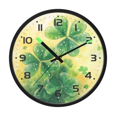 Imagem de SEHANY Relógio de parede Green Clover, silencioso, sem tique-taque, relógio redondo operado por bateria, controle de som, luz noturna, relógios de parede para sala de estar, cozinha, quarto