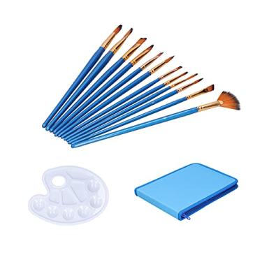 Imagem de Conjunto de pincéis de 12 unidades Pincéis de arte em fibra de nylon Kit de pintura a óleo em aquarela com paleta de suporte de madeira e bolsa de transporte para artistas (TYP317 azul)