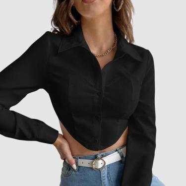 Imagem de Camisa Feminina Cropped Manga Longa Elegante Casual Moderna Estilosa T