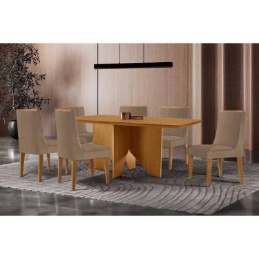 Imagem de Sala Jantar Mesa Nevada Tampo Curvo 180cm+6 Cadeiras Dakota Madeira Naturale - Capuccino/Linho Bege - Rufato