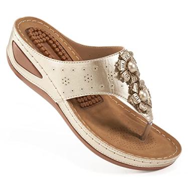 Imagem de Ecetana Sandálias femininas plataforma plataforma: confortável elegante casual verão praia sapatos deslizantes chinelos de caminhada para mulheres, Dourado, 36