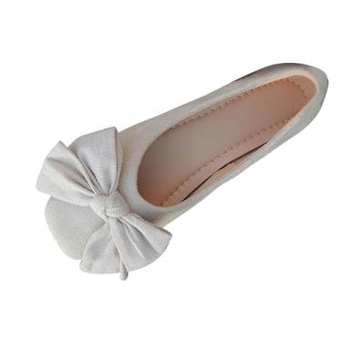 Imagem de Mocassins femininos de camurça com detalhe de laço e sola plana para uso casual primavera outono, Branco, 34