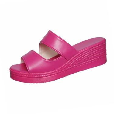 Imagem de Sandálias femininas plataforma peep toe sola grossa 5,5 cm salto casual slip-on para conforto de verão PU, Rosa choque, 38