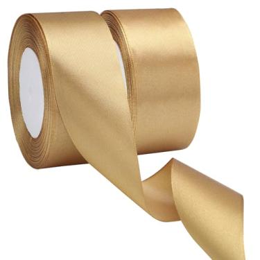 Imagem de EUSOAR Fita de cetim dourada, 2 rolos de 3,8 cm x 50 m, fita de tecido total, fitas de seda sólida para artesanato, embrulho de presente, buquê de flores, convite feito à mão, festa de casamento