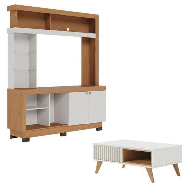 Imagem de Estante Home Theater Valença Freijó Off White Com Mesa De Centro Jeri Off White Freijó...