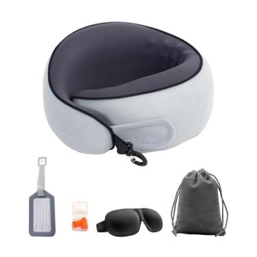 Imagem de Mayeujds Almofada de pescoço de viagem de espuma viscoelástica - Suporte ergonômico de 360° para aviões, carros e escritório - Design compacto e dobrável com capa de seda gelada refrescante e gancho