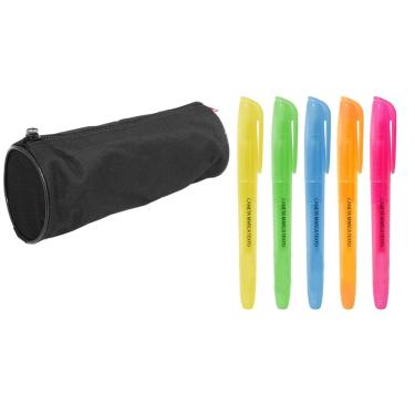 Imagem de Kit Estojo Escolar Preto Redondo com 5 Marca Texto Neon