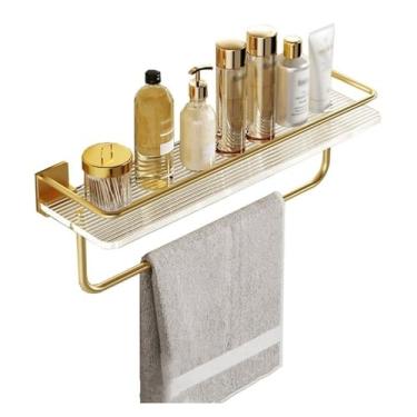 Imagem de Rack de armazenamento de chuveiro, prateleira de chuveiro com barra de toalha para banheiro interno, prateleira de chuveiro de acrílico montada na parede com cerca dourada, organizador de chuveiro de
