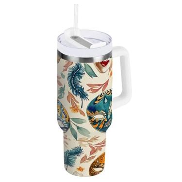 Imagem de Blueangle Copo isolado com padrão de máscaras de carnaval de 1,134 g com alça e tampa de palha, caneca de viagem reutilizável de aço inoxidável (2)