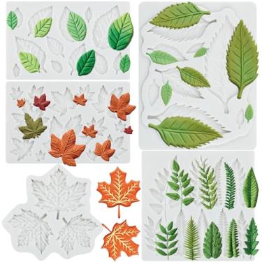 Imagem de FCKEMLDS Moldes de silicone para fondant de folhas para decoração de bolos, topo de cupcake, doces, argila de polímero, chocolate, pasta de goma conjunto de 5