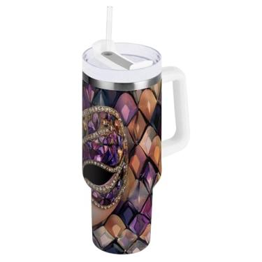 Imagem de Blueangle Copo isolado de máscara de carnaval de 850 g com alça e tampa de palha, caneca de viagem reutilizável de aço inoxidável (912)