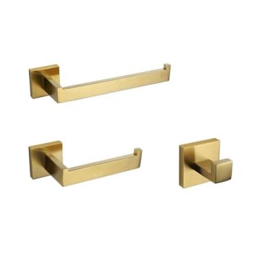 Imagem de Acessórios de banheiro escovados dourados ferragem barra de toalha suporte de papel higiênico toalheiro gancho saboneteira escova de vaso sanitário, conjunto de 3 peças