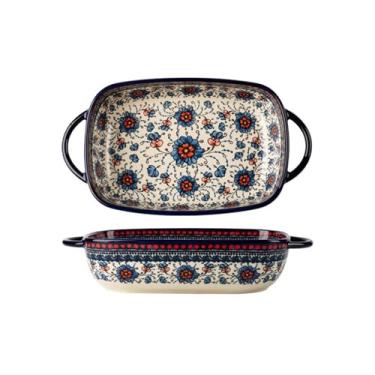 Imagem de x3anggyt5 Assadeira de cerâmica vintage tigela de alça doméstica tigela de mesa criativa tigela de orelha dupla tigela de sopa, prato de salada, caçarola para forno (27,6 cm)