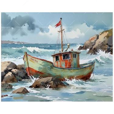 Imagem de Kit de pintura de barco de pesca por números para adultos – Pintura rústica DIY em tela Rocky Shore, conjunto de tinta acrílica, adequado para iniciantes, arte para decoração de casa ou presentes