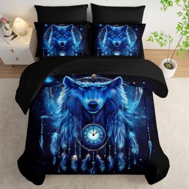 Imagem de AILONEN Jogo de edredom casal com estampa de lobo caçador de sonhos, cama de vida selvagem com 7 peças, azul e preto, lençol de cima, 2 fronhas, 2 fronhas