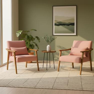 Imagem de Kit 2 Poltrona Aurora Linho Acompanha Almofada Decorativa Madeira Maciça Sala De Estar