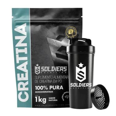 Imagem de Kit Creatina 1kg Coqueteleira Slim Preto Logo Branco Soldiers Nutrition-Unissex