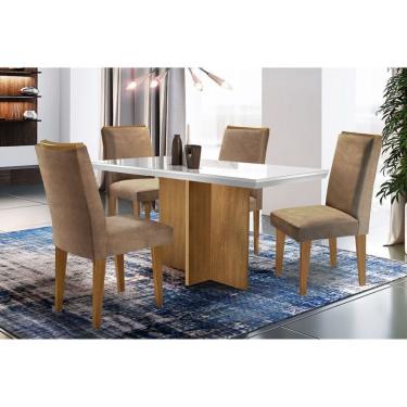 Imagem de Sala de Jantar Completa Berlim Tampo Madeirado c/ Vidro Canto Reto 120x80cm Canto Reto e 4 Cadeiras Lunara Imbuia/Suede Capuccino - Rufato