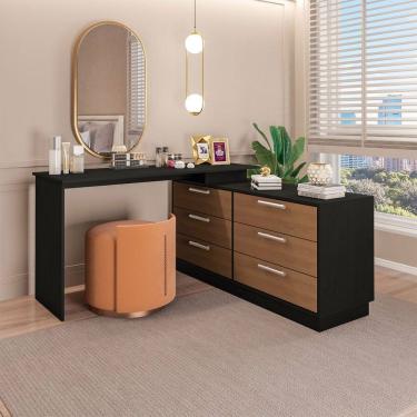 Imagem de Cômoda com Mesa Escrivaninha Rocher 6 Gavetas Preto/Freijó - Pnr Móveis