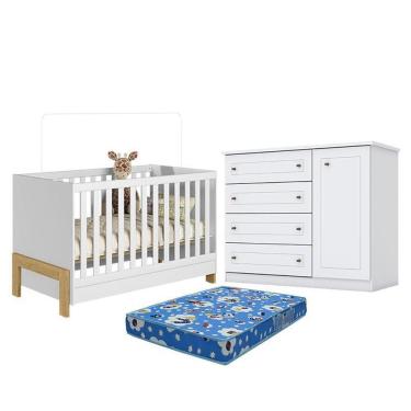Imagem de Kit Berço Americano Mini Cama Fantasia MDF Colchão Incluso Branco Acetinado Qmovi