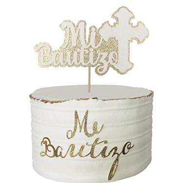 Imagem de Enfeite de bolo Mi Bautizo, Deus abençoe, batismo, chá de bebê, batizado, decorações de festa de primeira comunhão (glitter dourado e branco)