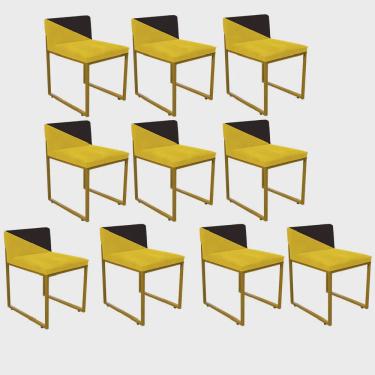 Imagem de Kit 10 Cadeira Office Lee Duo Sala de Jantar Industrial Ferro Dourado Suede Amarelo e Marrom - Ahazzo Móveis