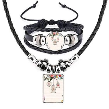 Imagem de Cage Flower Shelf Art Deco Presente Fashion Colar de Couro Conjunto de Joias