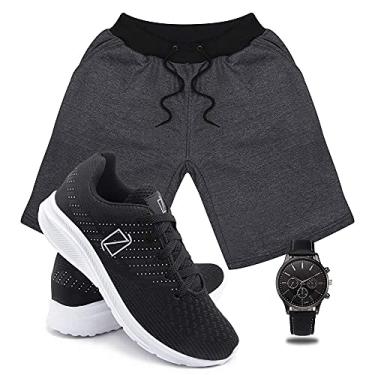 Imagem de Conjunto Bermuda Moletom Masculina + Tenis Masculino Academia Ultra Conforto + Relógio Ponteiro - Grafite-PretoBranco/G-40
