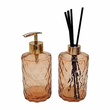 Imagem de KIT DIFUSOR E PORTA SABONETE LÍQUIDO DE VIDRO 330 ML CADA - 2 PEÇAS (GOLD ROSE)