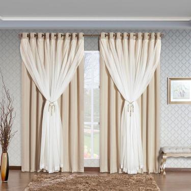 Imagem de Cortina Arezzo 2,00M X 1,70M Varão Simples Tecido Blackout Com Voal Clássica Janela - Palha