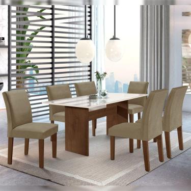 Imagem de Conjunto Sala de Jantar 1 Mesa 160x80cm Tampo MDF/Vidro 6 Cadeiras Espanha Yescasa Chocolate/Suede Marrom Claro