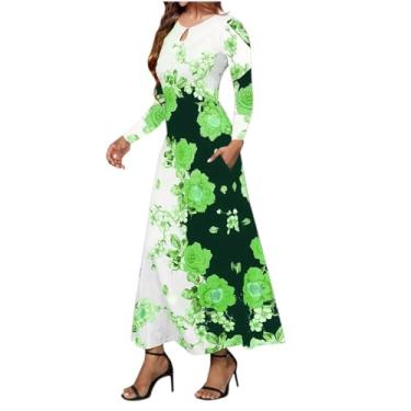 Imagem de UIFLQXX Vestido maxi feminino gola redonda manga longa estampado cintura com bolso grande saia rodada vestido vintage, Verde, G