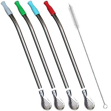 Imagem de Palha reutilizável Bombilla Erva Mate – Filtro de aço inoxidável removível estilo colher com ponta de silicone macio – Canudo de metal para beber chá de folhas soltas, café – Inclui escova de limpeza