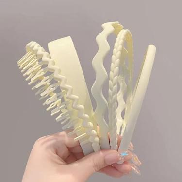 Imagem de 5 faixas de cabelo de plástico antiderrapante para mulheres e meninas faixas de cabeça larga com dentes preto azul branco café rosa verde faixas de cabelo (branco)