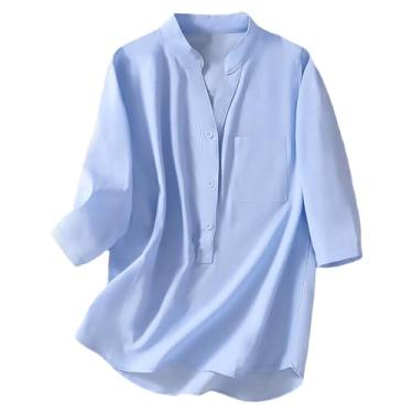 Imagem de Blusas femininas de botão, gola V, manga 3/4, algodão, linho, camisetas soltas de verão, camiseta de chiffon respirável, Azul, P