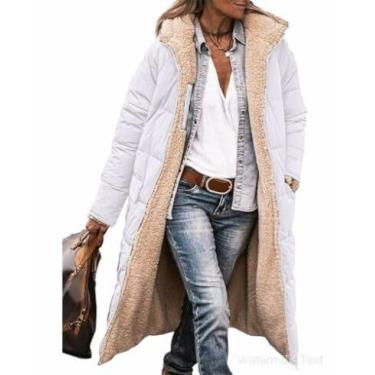 Imagem de Casaco acolchoado grosso e quente, jaqueta de manga comprida plus size feminina caminhada inverno moderno jaqueta com zíper macio fino sólido, Branco, P