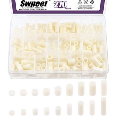 Imagem de Swpeet 270 peças 18 tamanhos M3 M4 M5 M6 Kit sortido de porca de parafuso espaçador redondo de nylon branco, suporte de plástico ABS de nylon, comprimento 3 mm, 5 mm, 6 mm, 8 mm, 10 mm, 12 mm, 18 mm,