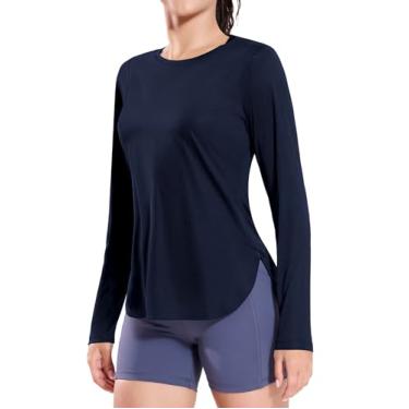 Imagem de MIER Camisetas femininas FPS 50+ de manga comprida para treino, proteção UV, ajuste seco, atlética, corrida, academia, caminhadas, leves, Azul escuro, P