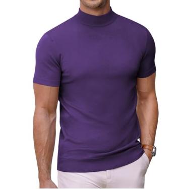 Imagem de COOFANDY Suéter masculino gola rolê manga curta cor sólida camisetas básicas slim fit malha pulôver, Roxa, M
