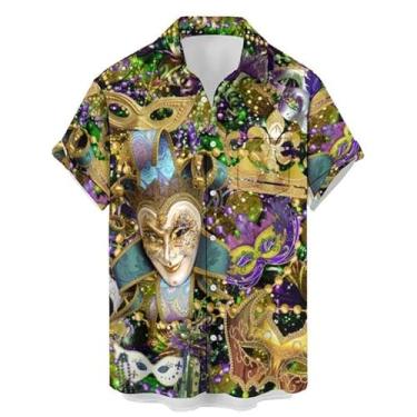 Imagem de Deer Lady Camisas de boliche havaianas masculinas camisa de manga curta com botões casual praia verão camisas, Bowling-mardi Gras01, M