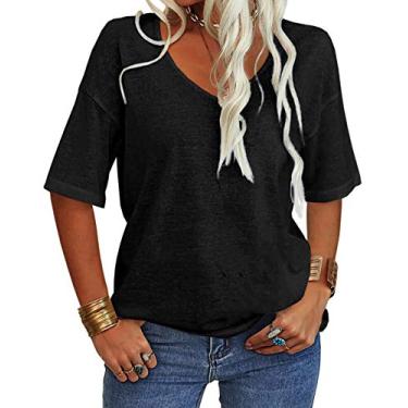 Imagem de Grlasen Camisetas femininas de verão da moda, gola V, meia manga, tamanho grande, comprimento até o cotovelo, camisetas casuais, caimento solto, Preto, M