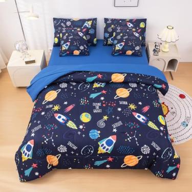 Imagem de Jogo de cama de solteiro, temática espacial, foguetes, 7 peças, para meninos, meninas, com edredom e lençóis