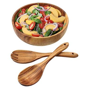 Imagem de Mochiglory Tigela de salada de lã de acácia com conjunto de servidores, tigela grande de madeira de 24 cm com colher e garfo para frutas ou saladas (conjunto de 3)
