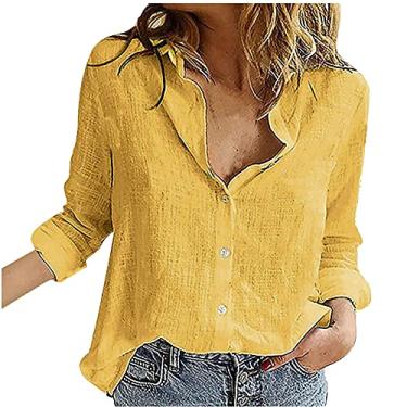 Imagem de Camiseta feminina de linho de verão, gola V, botões, manga comprida, folgada, cor lisa, camiseta para sair, Amarelo, XXG