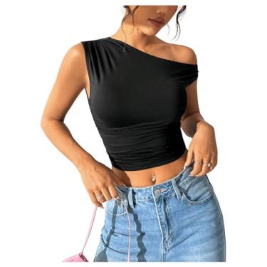 Imagem de SOLY HUX Camisetas femininas de um ombro só, sem mangas, regata cropped Y2K, colete de verão, Preto liso, P