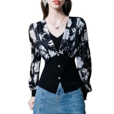 Imagem de Yueary Blusa feminina casual de trabalho canelada, manga comprida, gola V, estampa floral, blusas de chiffon para decoração de botão, Preto, XG