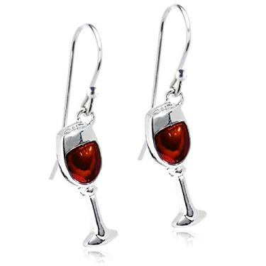 Imagem de DAMLENG Brincos pendentes exclusivos chiques feitos à mão em aço inoxidável com taça de vinho tinto para mulheres e meninas, Base banhada a prata
