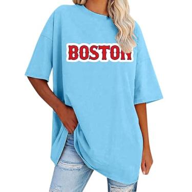 Imagem de Blusa feminina de verão Boston Letter Tops manga curta gola redonda camisetas casuais soltas básicas blusas leves, Azul-celeste, M